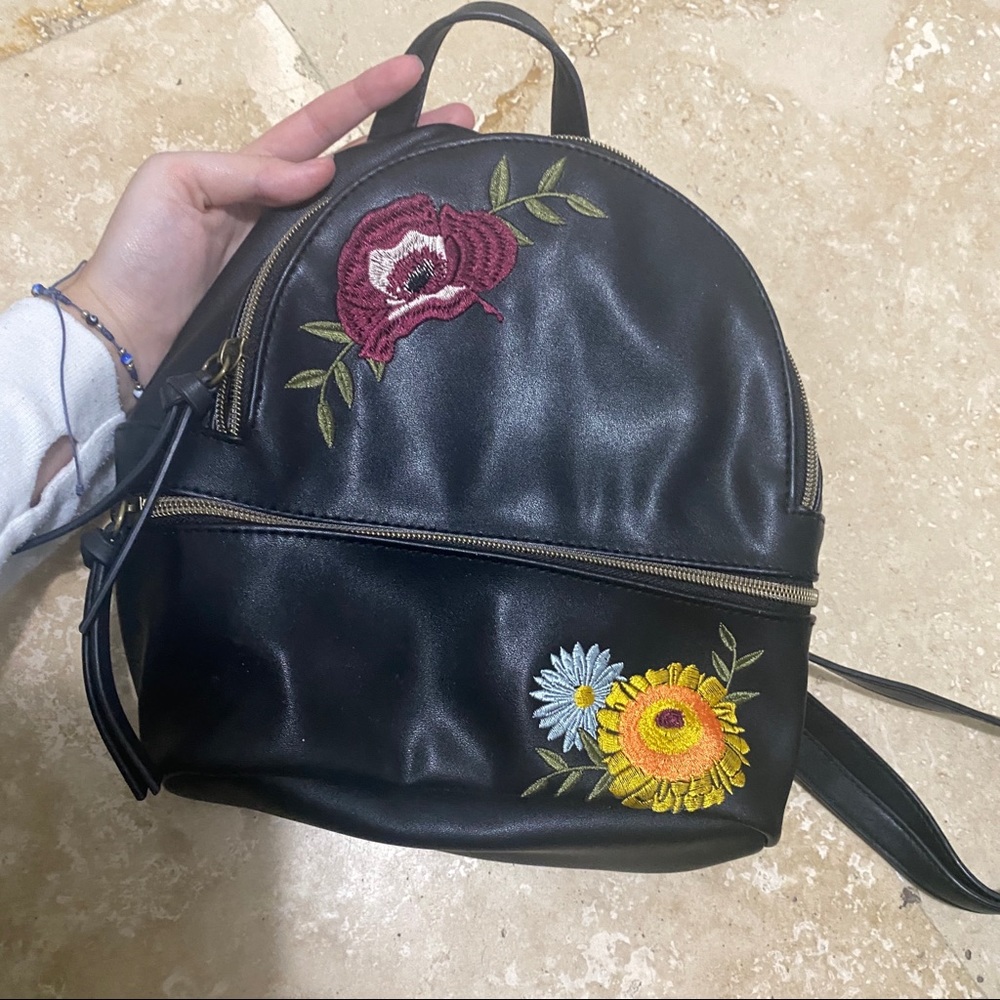 Black floral embroidered mini backpack